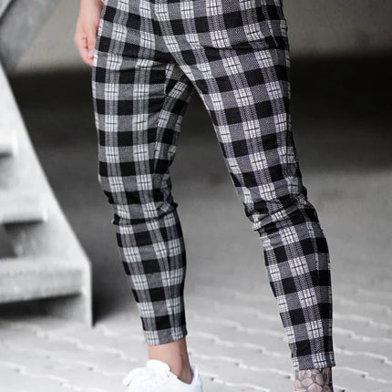 Men Elastic Checkered Plaid Chino Pants