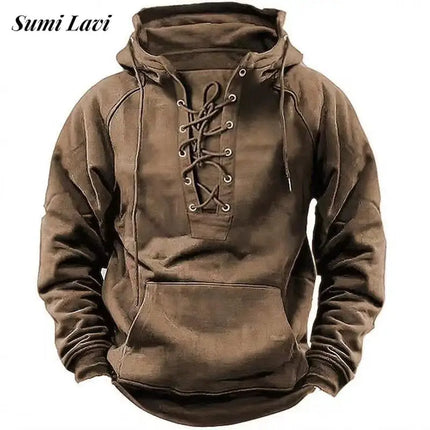 Men Solid Medieval Lace-Up Long Hoodies