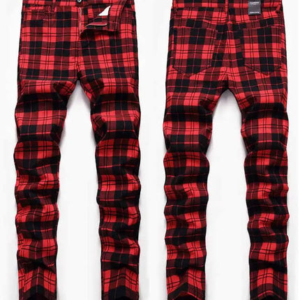 Men Business Casual Plaid High Stretch Red Black Pants