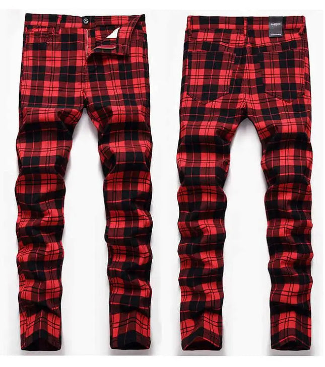 Men Business Casual Plaid High Stretch Red Black Pants