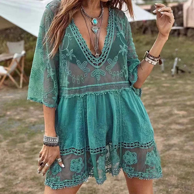 Women 2024 Sexy Beach Cover-Up V-Neck Crochet Swimwear