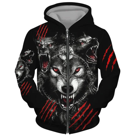 Men 3D Wolf Moon Zip Streetwear Hoodies