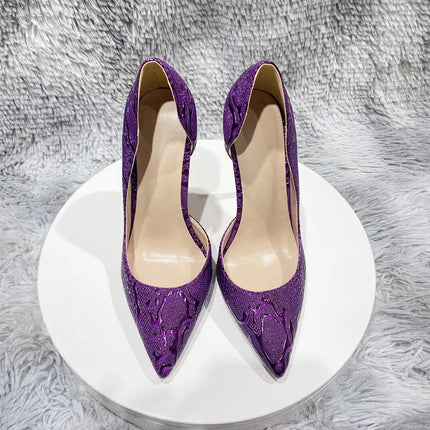 Women Purple Floral Embossed Crocodile Effect High Heels