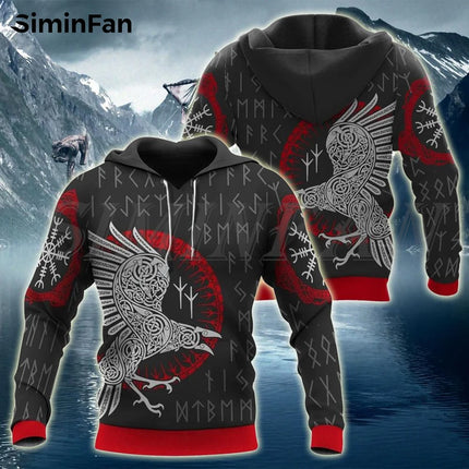 Men Viking Odin Art Raven 3D Tattoo Pullover Hoodies