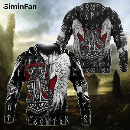 Men Viking Odin Art Raven 3D Tattoo Pullover Hoodies