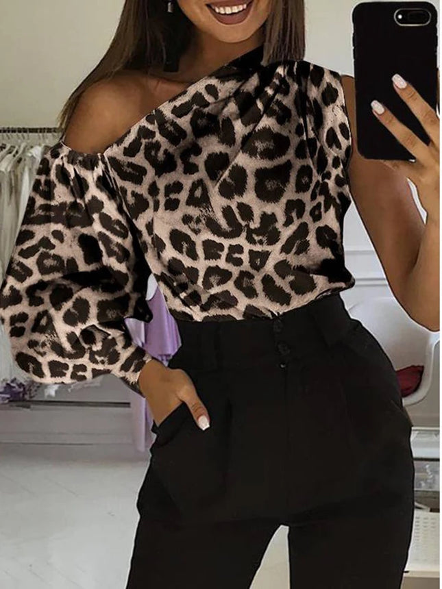 Women Cheetah Animal Lantern Sleeve Blouse