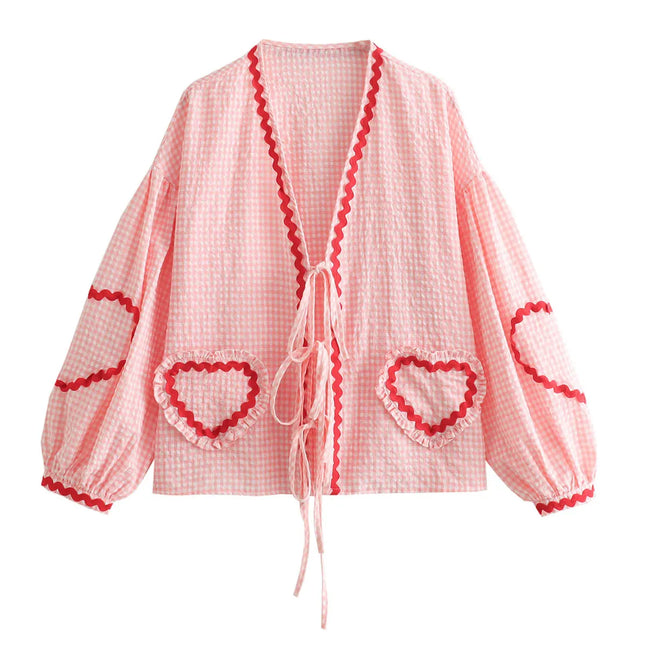 Women Plaid Heart Lace-Up Blouse