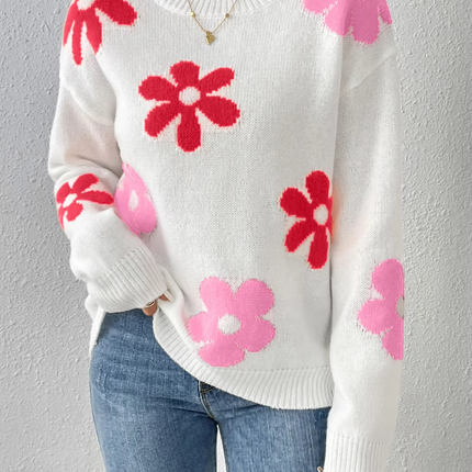 Women Crew Neck Floral Crop Sweater - Mad Fly Essentials