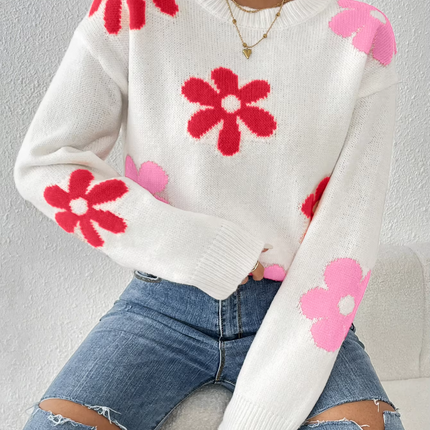 Women Crew Neck Floral Crop Sweater - Mad Fly Essentials