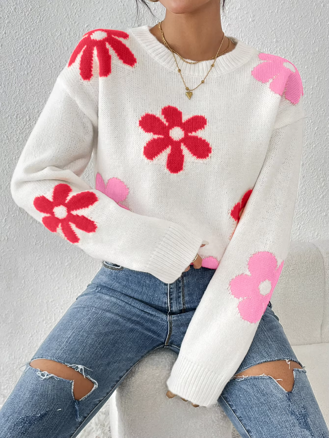 Women Crew Neck Floral Crop Sweater - Mad Fly Essentials