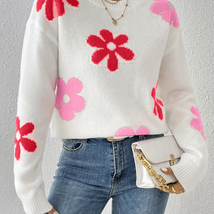 Women Crew Neck Floral Crop Sweater - Mad Fly Essentials