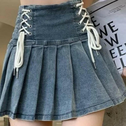 Women Blue Denim A-Line Drawstring Skirt