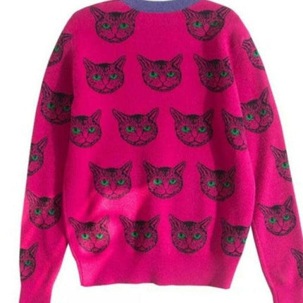 Women Cat Print Sweaters Long Jumper Pullovers