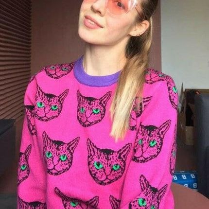 Women Cat Print Sweaters Long Jumper Pullovers